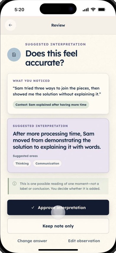 Review a fictional observation alongside a suggested interpretation, with uncertainty kept visible.